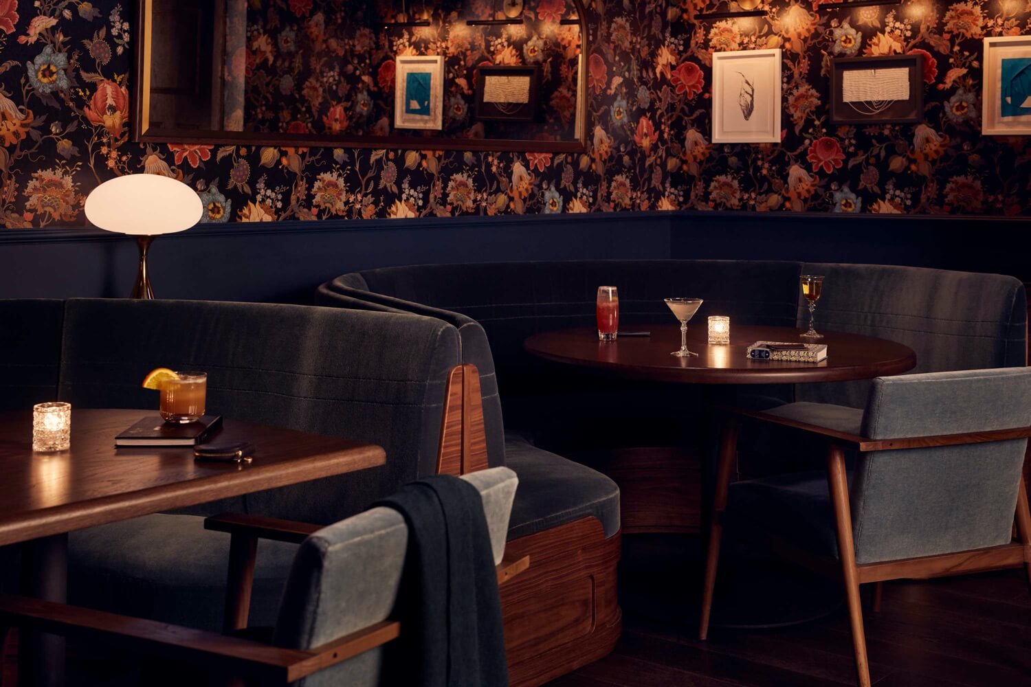 Circular seating booths in Lazy Bird bar, which is in the basement of the hotel