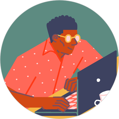 Illustration of a smiling man in a red shirt working at a laptop.