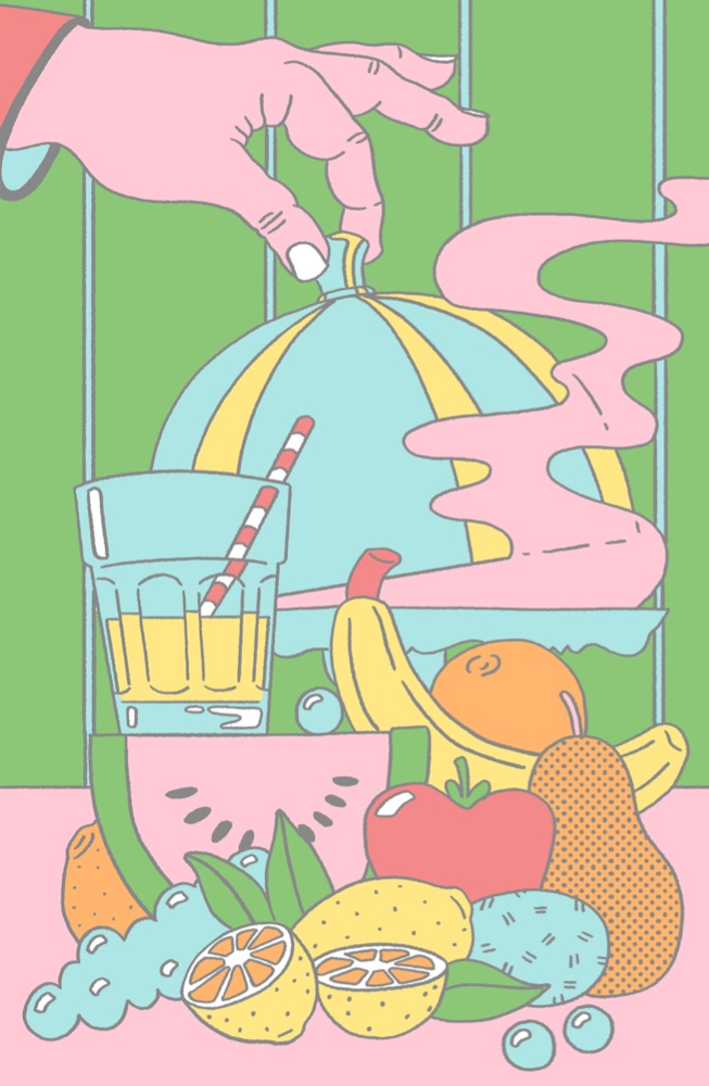 Illustration of fresh fruit and fruit juice on a pink and green background.