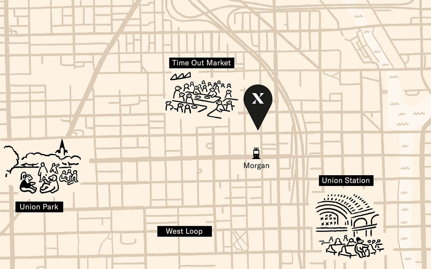 Map of Chicago showing proximity of hotel to Time Out Market, Union Park, West Loop and Union Station
