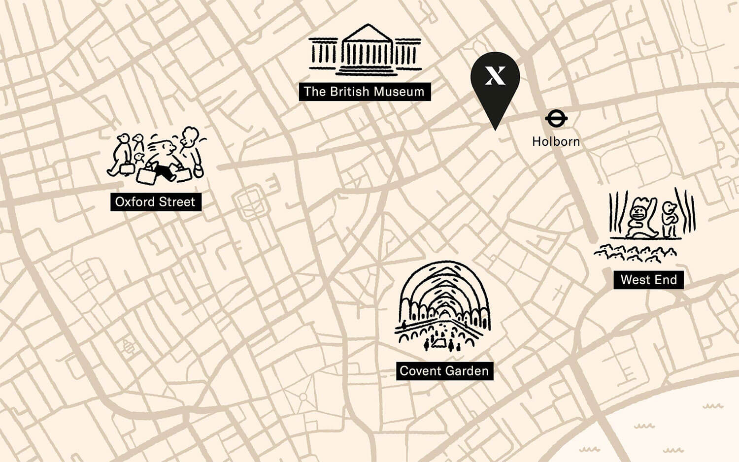 Map of Holborn, showing proximity of hotel to The British Museum, Oxford Street, Covent Garden and the West End