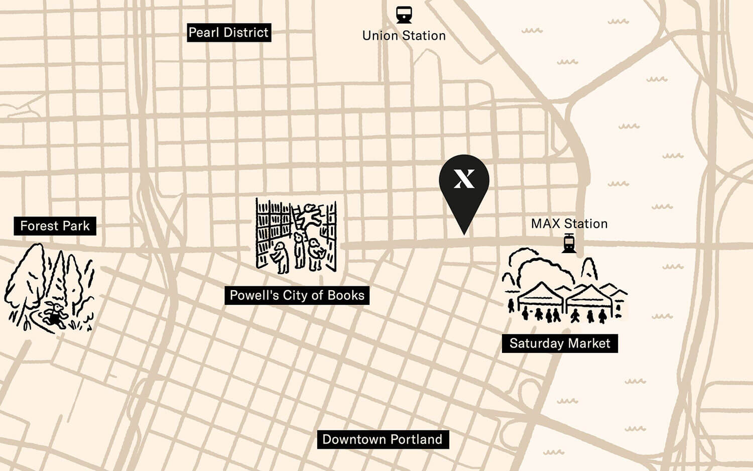 Map of Portland show proximity of hotel to Forest Park, Pearl District, Powell's City of Books, Downtown Portland and Saturday Market