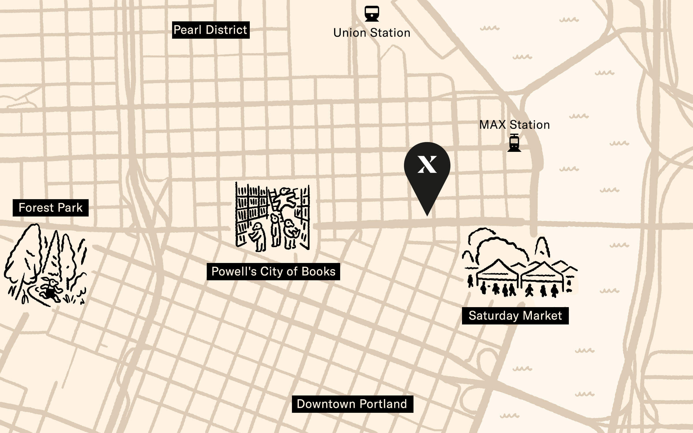 Map of Portland show proximity of hotel to Forest Park, Pearl District, Powell's City of Books, Downtown Portland and Saturday Market