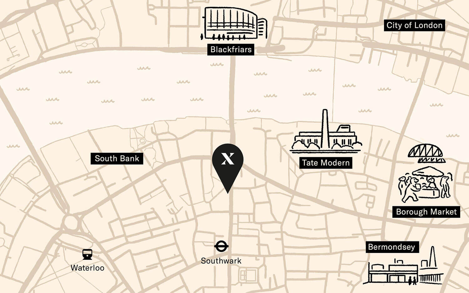 Map of Southwark showing proximity of hotel to Blackfriars station, Tate Modern, Borough Market, South Bank and Bermondsey