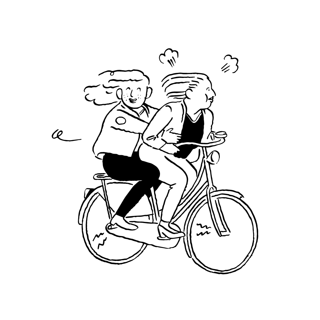 Line drawing of cyclists riding a tandem bike through London