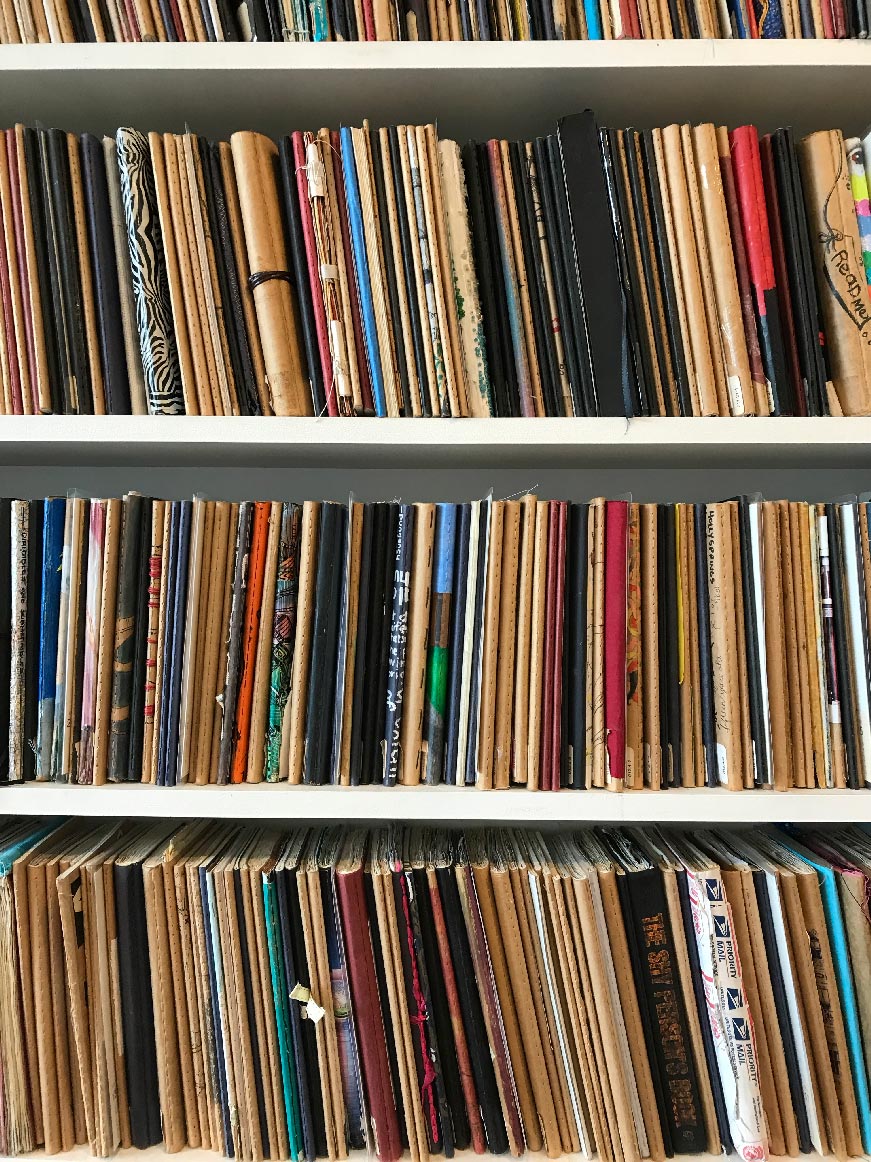 Rows of different coloured sketchbooks on shelves