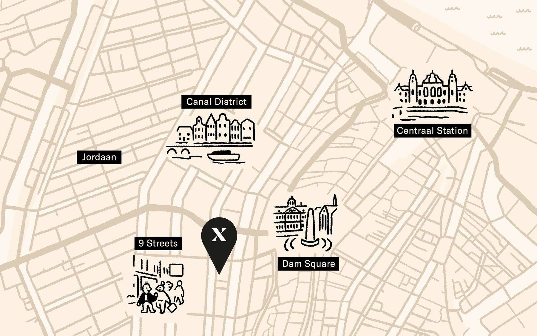 Illustrated map of Amsterdam showing proximity to Canal District, Centraal Station, 9 Streets and Dam Square