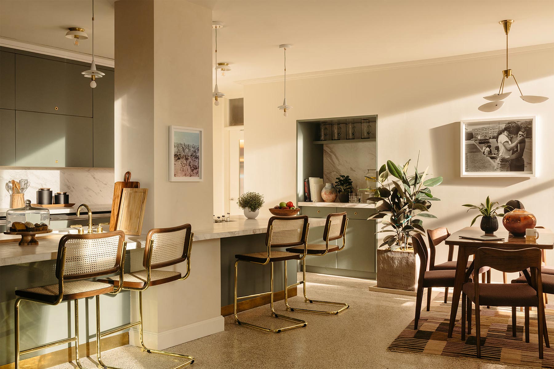 The kitchen pantry is a shared space with help-yourself snacks and a variety of seating to relax in between meetings