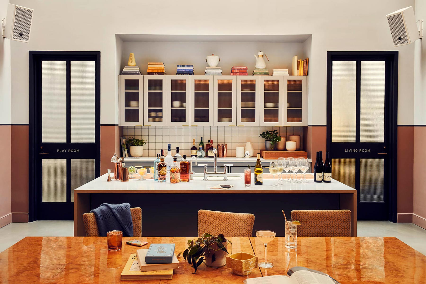 Our pantry kitchen set up for an event, including drinks, glasses and cocktail making equipment