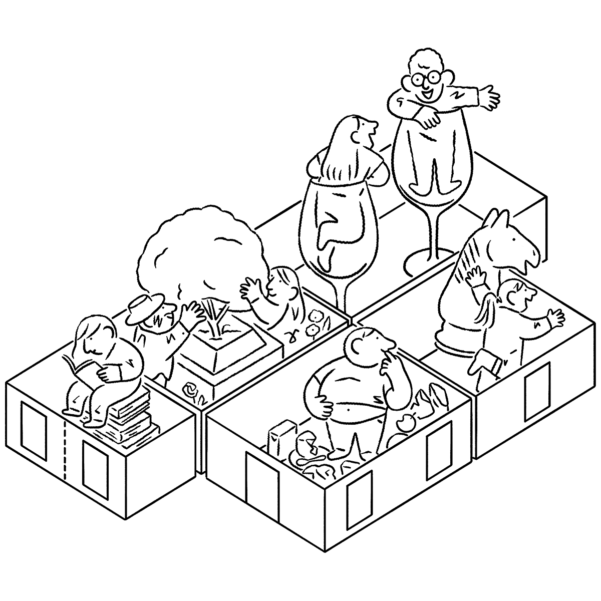 Illustrated floorplan with stick figures working and partying.