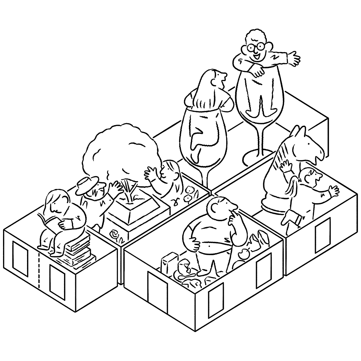 Illustrated floorplan with stick figures working and partying.