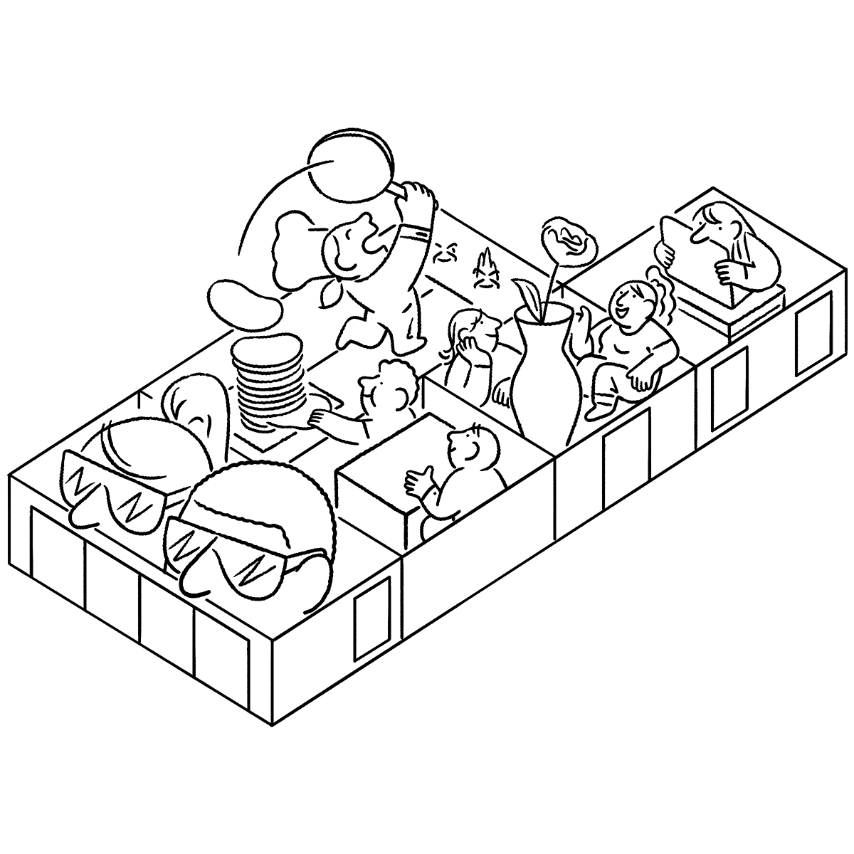 Illustration of an office floorplan full of people hard at work and play.