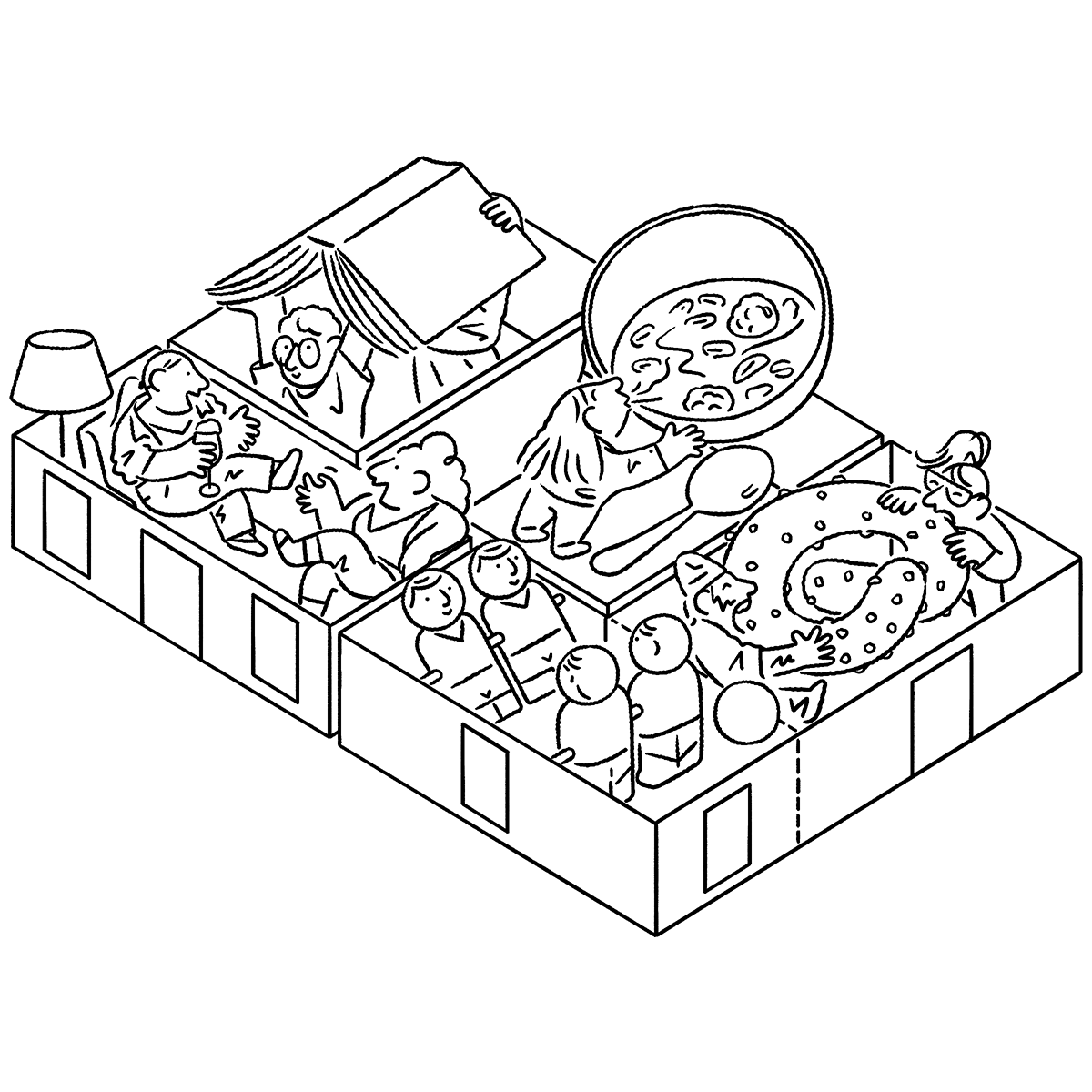 Illustration of a floorplan filled with people working, reading and meeting