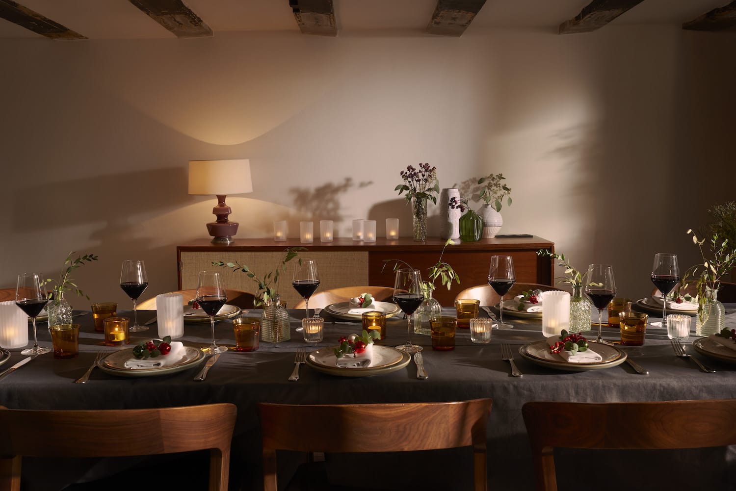 Table set up with food and wine