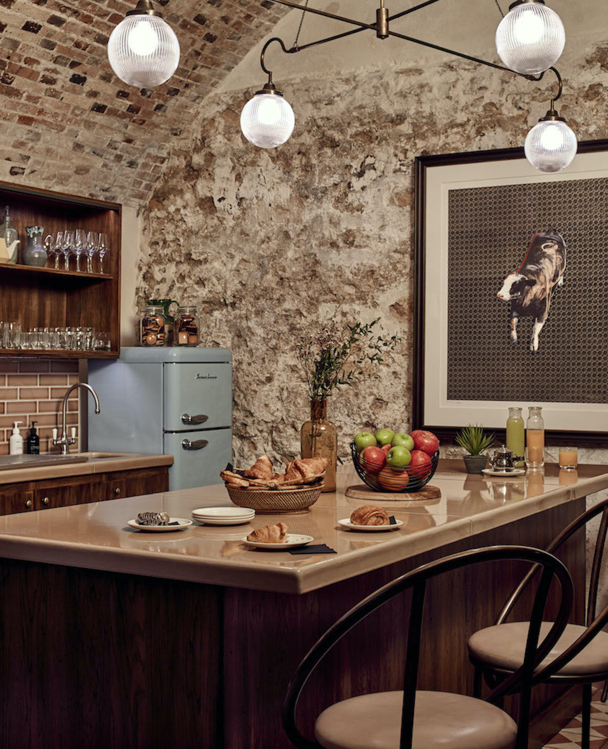 Pantry kitchen set up with croissants and juice