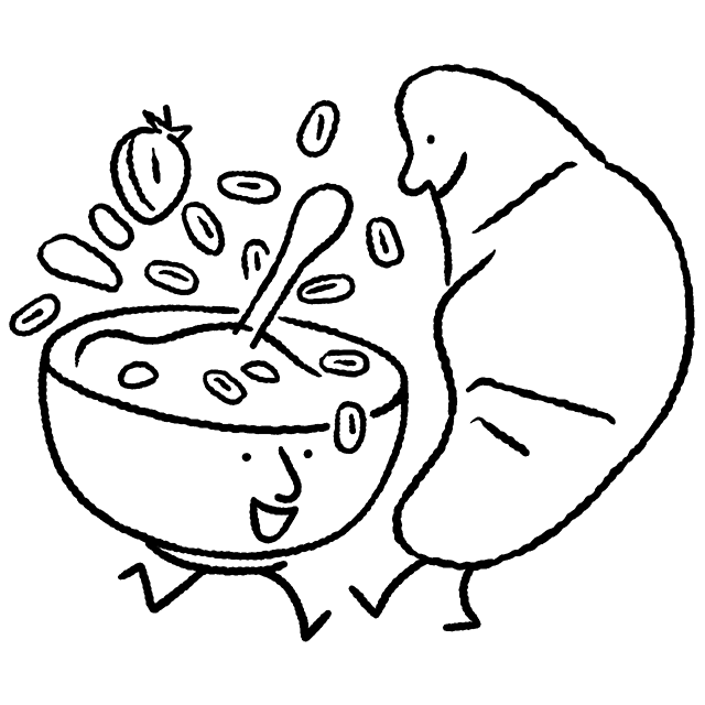 Illustration of a sentient cereal bowl and croissant.