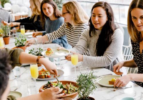 People sharing food and drinking mimosas