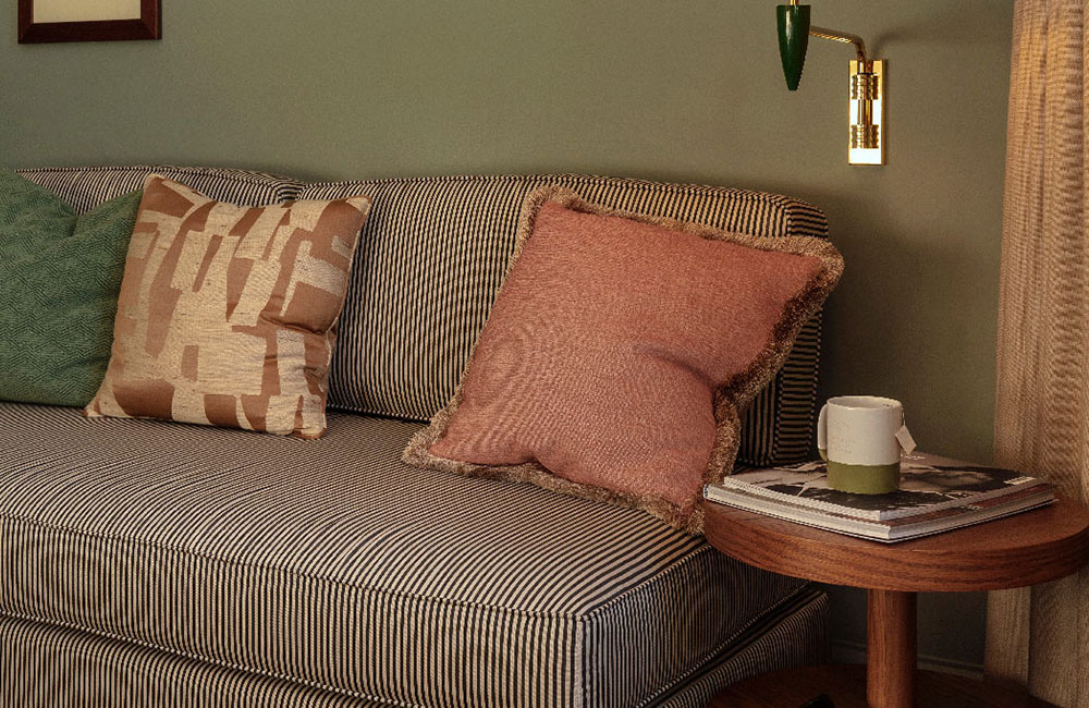 Cushions on a striped sofa