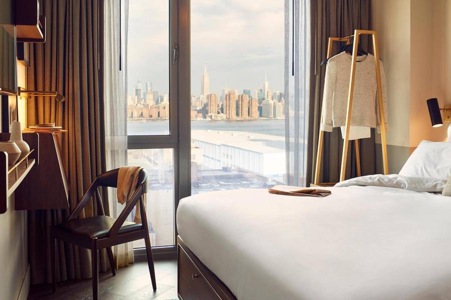 Room interior with views over Manhattan.