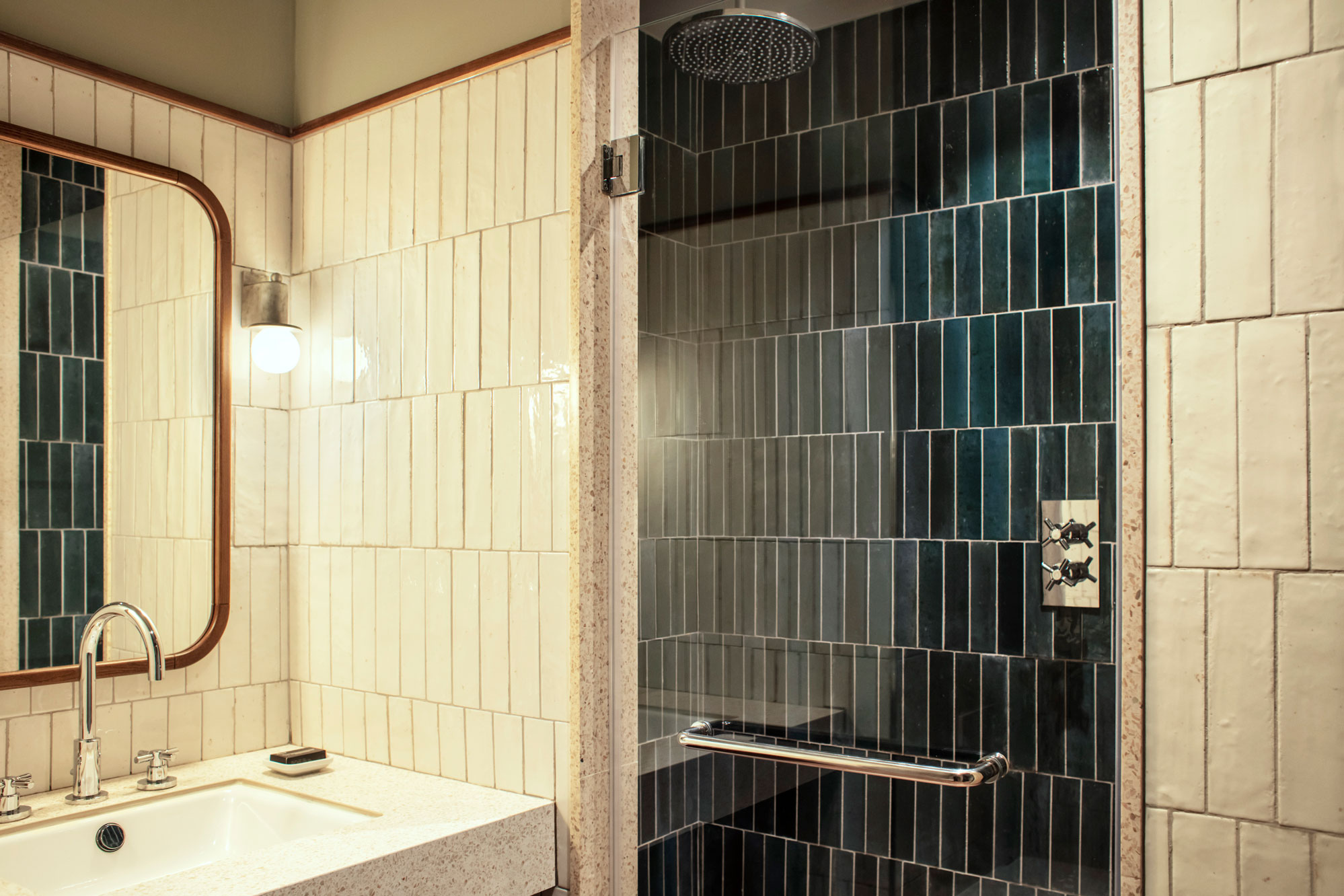 The bathroom has black and white tiling, with a shower with hand rail on the door