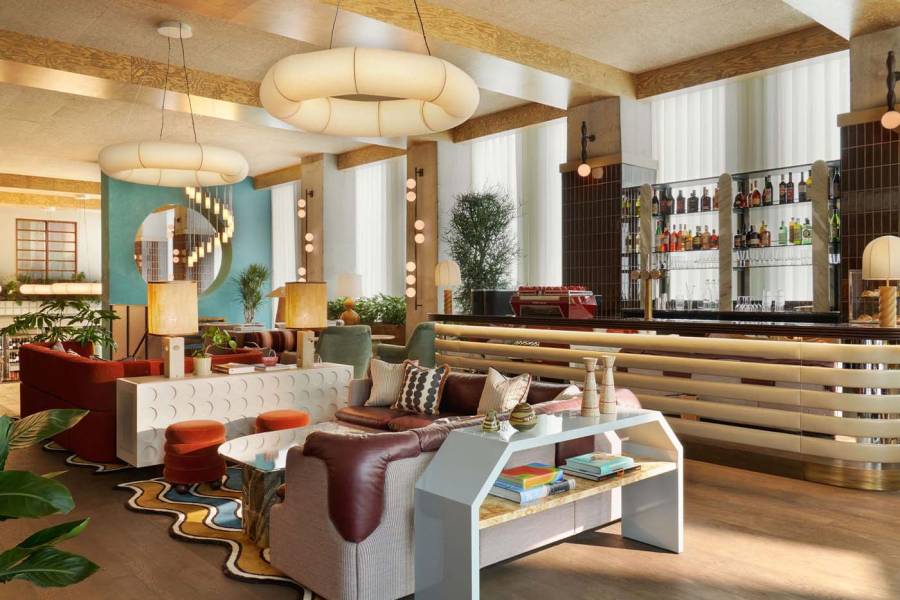 Hoxton lobby, with loads of natural light coming in and different seating areas.