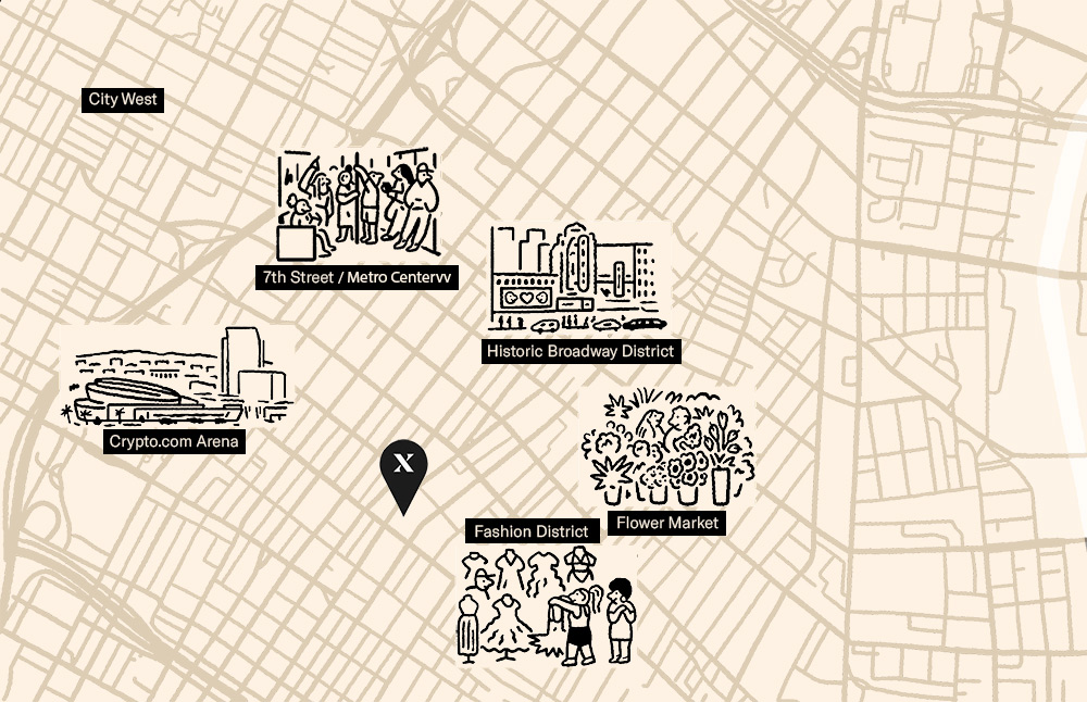 Illustrated map showing the location of The Hoxton, Downtown LA.