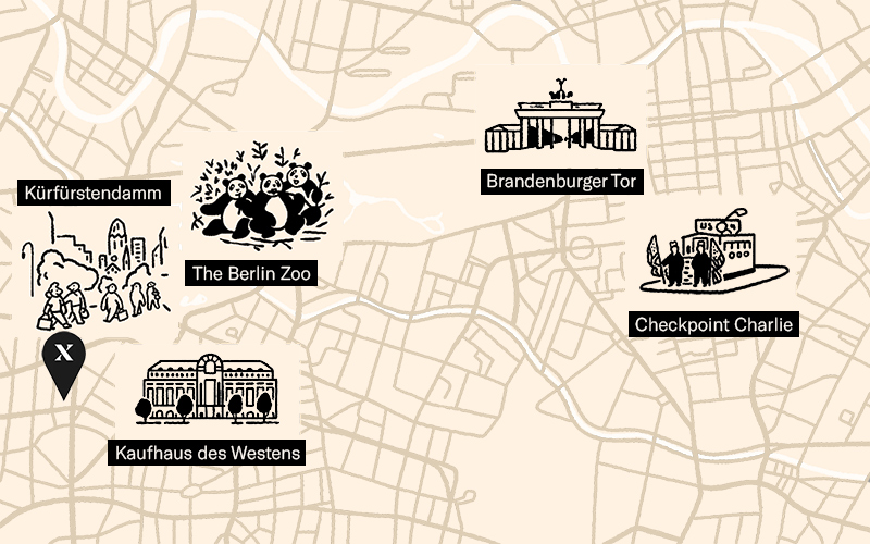 Illustrated map of sites in and around Charlottenburg, Berlin, including The Hoxton hotel.