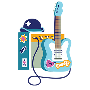 Guitar and amplifier with trendy stickers and a funky hat on top.
