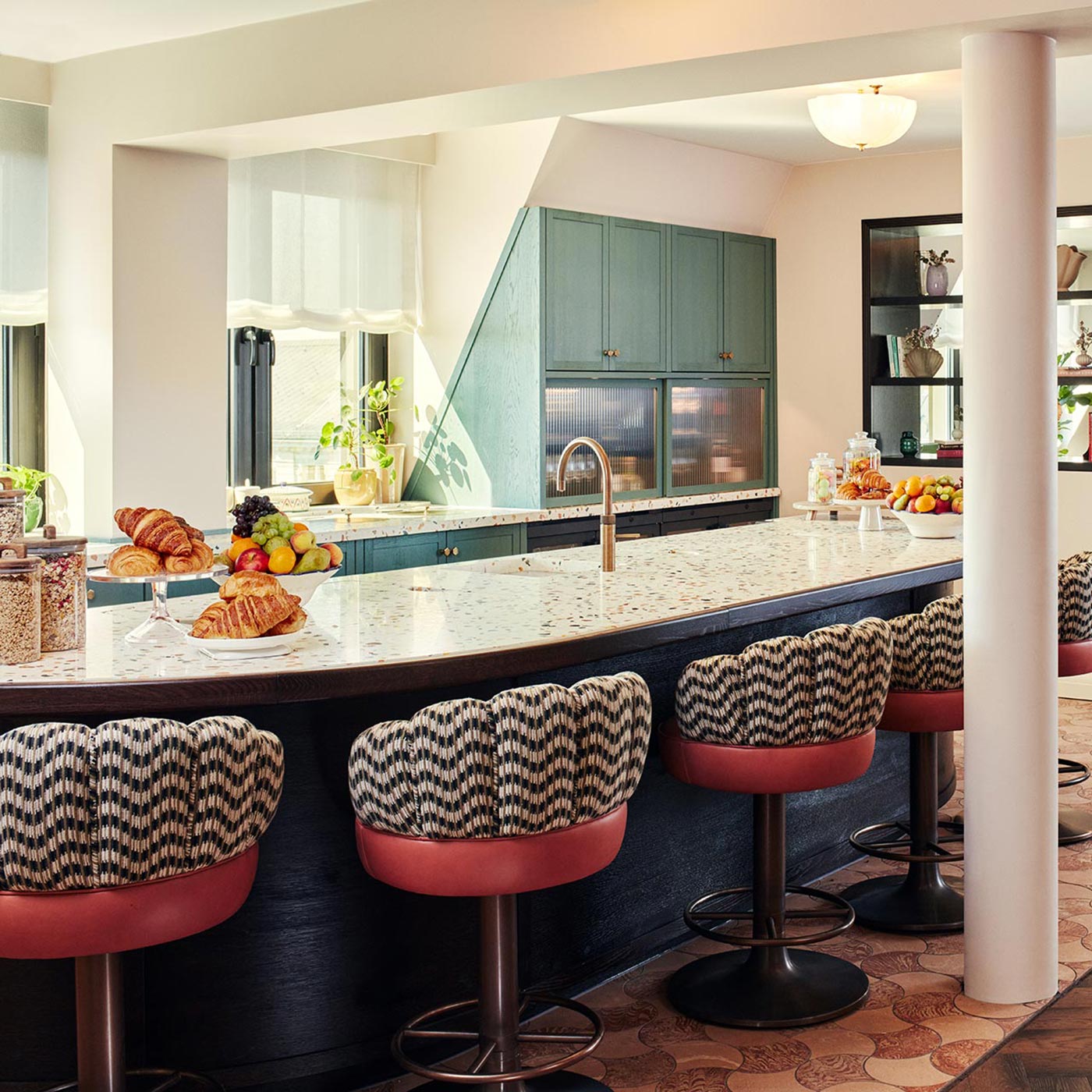 Pantry area for hire with fresh fruit and croissants served.