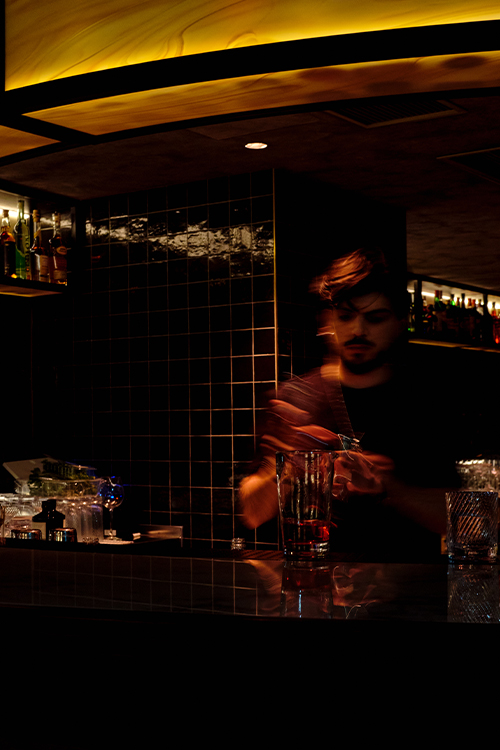 Bartender shaking a cocktail shaker.