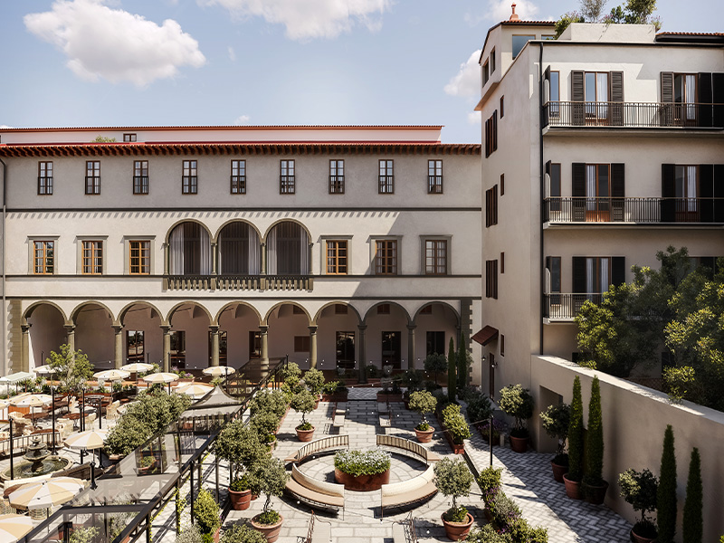 Rendered image of the hoxton florence green open courtyard.
