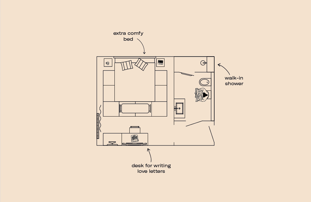 Illustrated floor-plan of cosy room