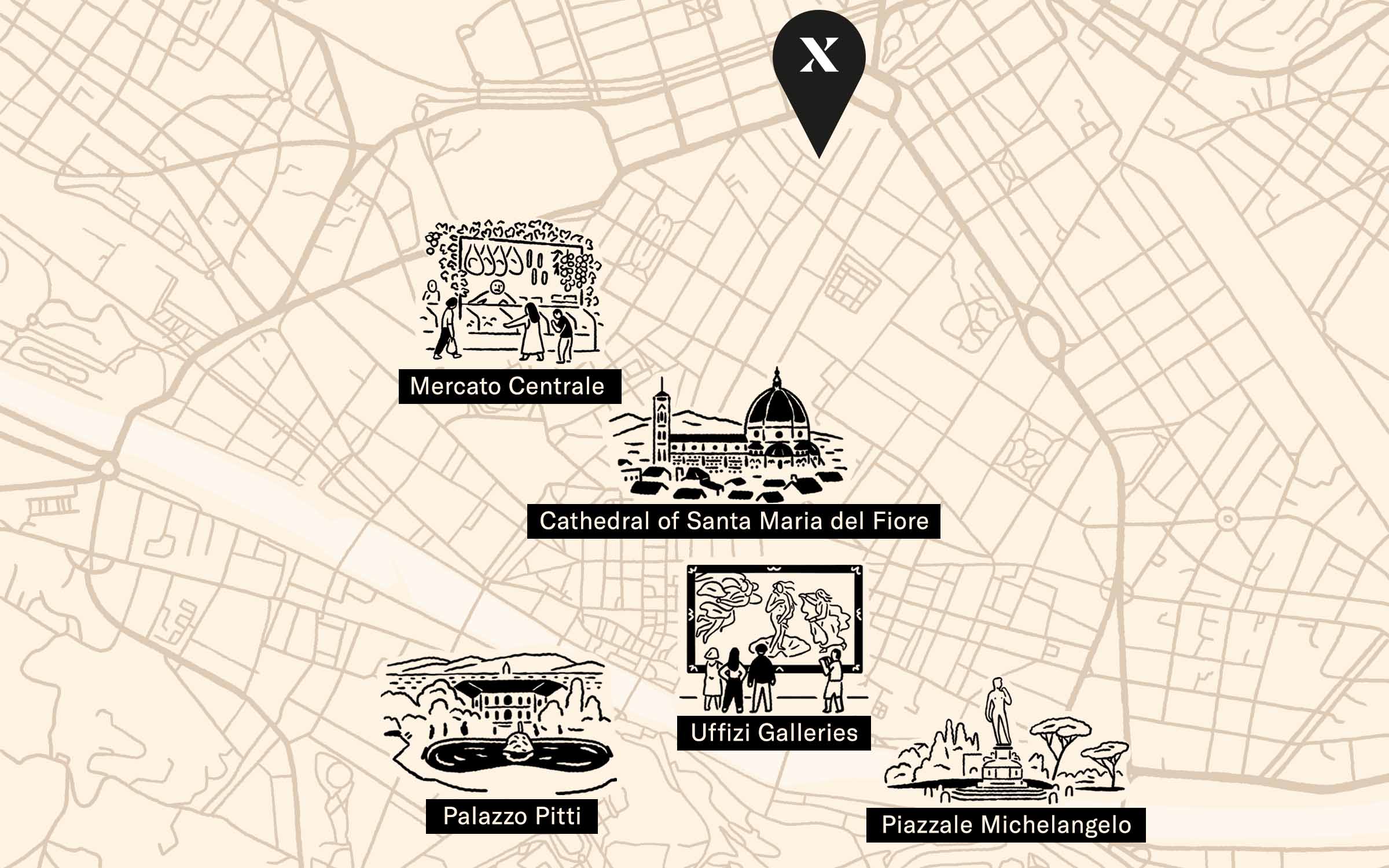 Line map of Florence showing the location of the Hoxton and surrounding attractions