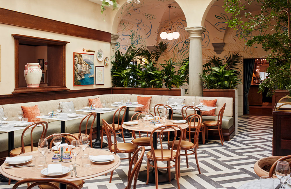 Alassio interior bathed in natural light from a skylight, featuring comfy chairs and a relaxing atmosphere.