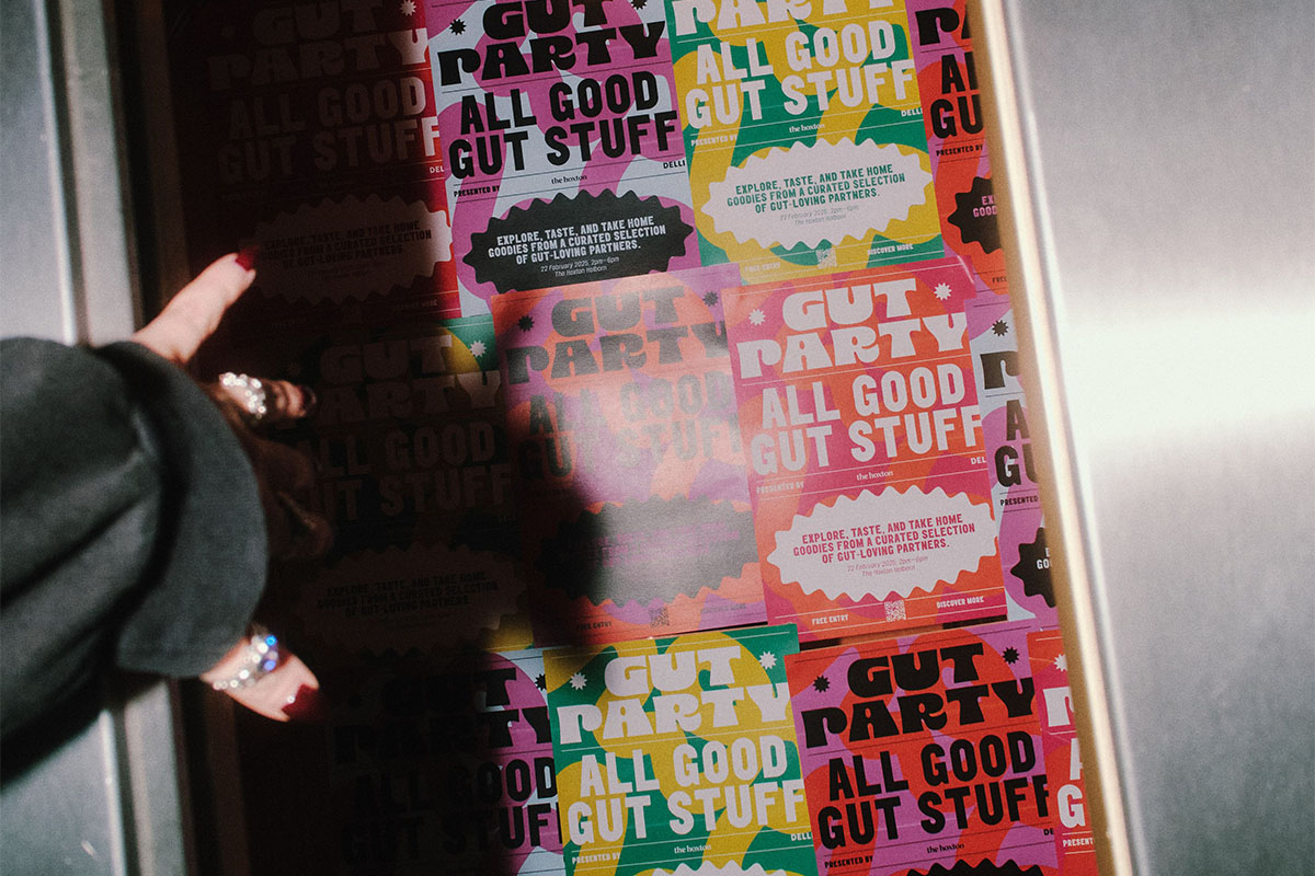 And opening a cupboard filled with gut party products.